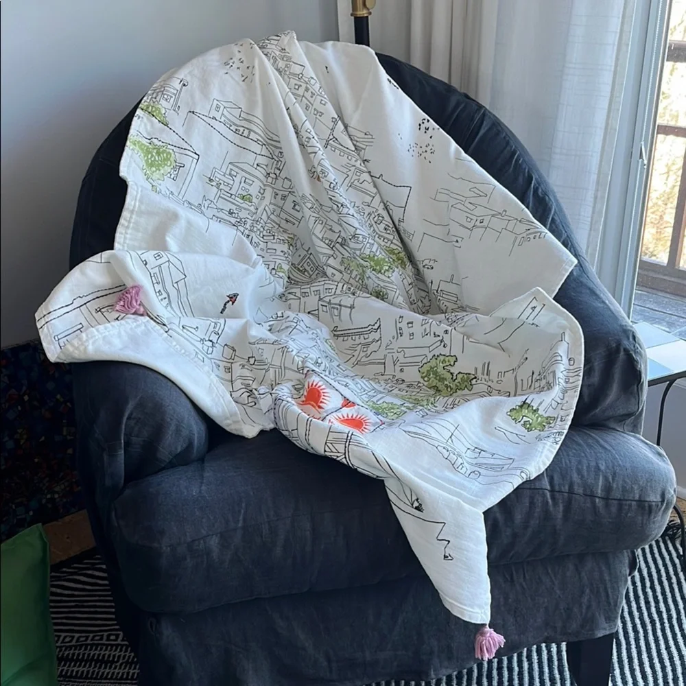 IKEA LOKALT Amman City White Cotton Linen Throw Blanket Embroidery Block Print - Picture 8 of 10